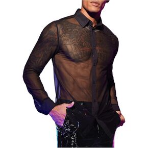 COZYEASE Men's See Through Mesh Button Down Shirt Long Sleeve Collared Tops Streetwear