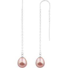 Splendid Pearls 925 Sterling Silver 8mm Genuine Freshwater Cultured Pearl Dangle Drop Thread Earrings