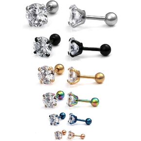 Ruifan 16G Stainless Steel Cubic Zirconia Tragus Earrings For Women Helix Earring Stud Body Jewelry Piercing Set 3-8mm 6Pairs