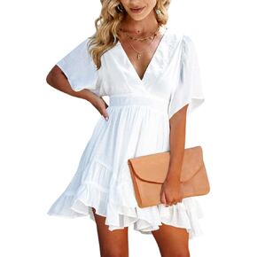 فستان نسائي صيفي من Esobo برقبة على شكل حرف v وأكمام قصيرة متوهج بلون سادة وحاشية مكشكشة غير رسمية فستان متزلج صغير in Kuwait