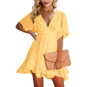 Esobo Women's Summer V-Neck Short Sleeve Flared Dresses Solid Color Casual Ruffle Hem Mini Swing Skater Dress