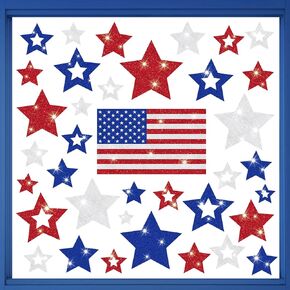 Whaline 96Pcs Glitter Stars Window Clings Patriotic Glitter Blue Red White Stars Window Stickers Double-Sided 4th of July Window Decals for Independence Memorial Day Patriotic Party Supplies, 6 Sheets