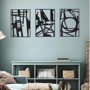 QZGXDECO Black Abstract Metal Wall Art Decor, Modern 3D Textured Metal Wall Sculptures, Minimalist Decor Single Line Art Decor for Living Room Bedroom Home Office (12.2" x 17" x 3PCS)