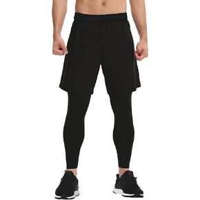 Queerier Men's 2 in 1 Running Pants Shorts with Pockets Gym Short Compression Tights Training Sweatpants Workout Leggings