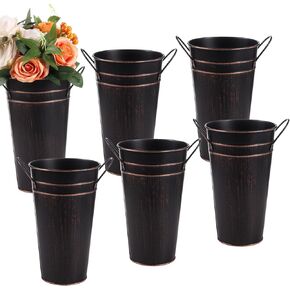 6 Pcs Galvanized Metal Vases, Metal Flower Buckets, 9.8 Inches Flower Vase with Handles, Rustic Farmhouse Vases for Home Decor Wedding Table Centerpiece (Black)