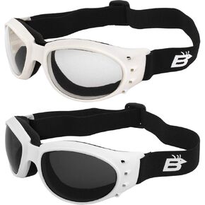 Birdz Eyewear Eagle Motorcycle Skydiving Padded Goggles White Vented Frames Bundle Anti-Fog Lenses (White-Clear & Smoke)
