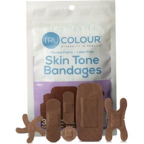 Tru Colour - Assorted Bandages, Flexible Fabric Adhesive Bandages, Olive Skin Tone Shade, Green Bag, 30 Count