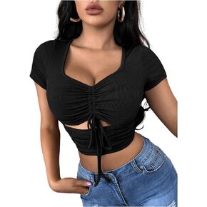 OYOANGLE Women's Sweetheart Neck Drawstring Ruched Cut Out Short Sleeve Tee Shirt Crop Tops