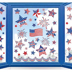 Whaline 9 Sheets Patriotic Window Clings Stickers Veterans Day Window Clings Stickers USA Stars Shape Window Decals Blue Red White Double-Sided for 4th of July Independence Day School Party Supplies