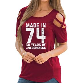 Rfecccy Women's 50th Birthday Gifts Made in 74 Graphic Print Cold Shoulder Short Sleeve T-Shirts Casual Top