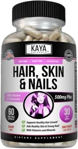 Kaya Naturals Hair Skin Nail Capsules BIOTIN Vitamin D Vitamin B-12 A Folic Acid Support, Hair Support Vitamin Supplement in Saudi Arabia