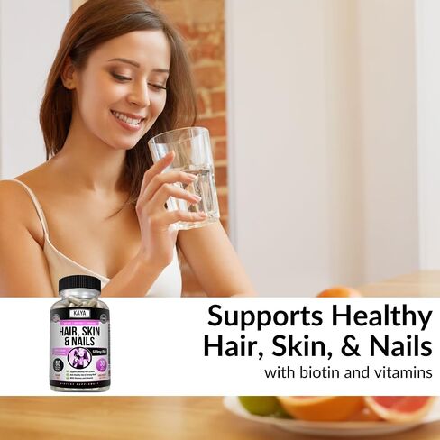 Kaya Naturals Hair Skin Nail Capsules BIOTIN Vitamin D Vitamin B-12 A Folic Acid Support, Hair Support Vitamin Supplement in Saudi Arabia