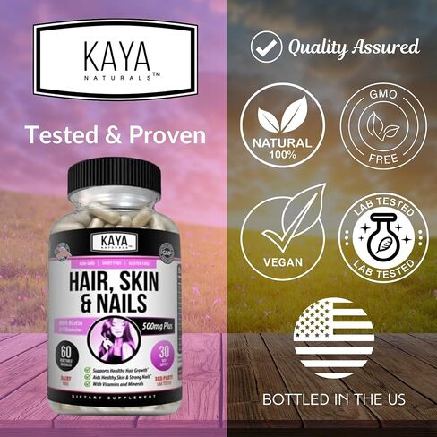 Kaya Naturals Hair Skin Nail Capsules BIOTIN Vitamin D Vitamin B-12 A Folic Acid Support, Hair Support Vitamin Supplement in Saudi Arabia