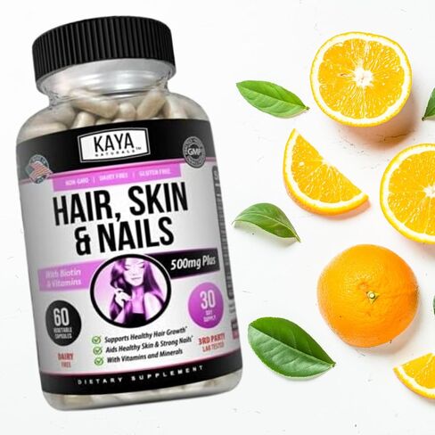 Kaya Naturals Hair Skin Nail Capsules BIOTIN Vitamin D Vitamin B-12 A Folic Acid Support, Hair Support Vitamin Supplement in Saudi Arabia