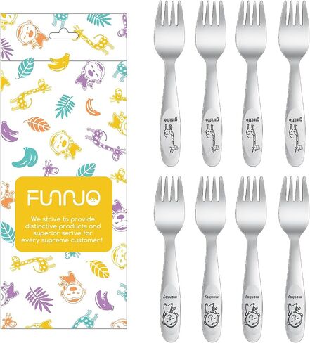 FUNNUO 4 Pack 18/8 Stainless Steel Toddler Forks with Colorful Giraffe image, Kids Metal Forks Set, Safe Children Forks for Self-Feeding, Dishwasher Safe (Colorful Giraffe) in Saudi Arabia
