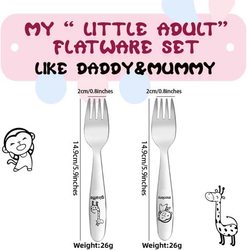 FUNNUO 4 Pack 18/8 Stainless Steel Toddler Forks with Colorful Giraffe image, Kids Metal Forks Set, Safe Children Forks for Self-Feeding, Dishwasher Safe (Colorful Giraffe) in Saudi Arabia