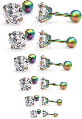 Ruifan 16G Stainless Steel Cubic Zirconia Tragus Earrings For Women Helix Earring Stud Body Jewelry Piercing Set 3-8mm 6Pairs in Saudi Arabia