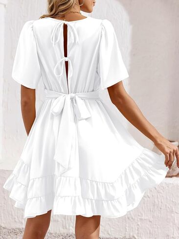 فستان نسائي صيفي من Esobo برقبة على شكل حرف v وأكمام قصيرة متوهج بلون سادة وحاشية مكشكشة غير رسمية فستان متزلج صغير in Kuwait