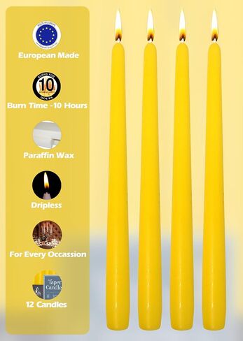 Hyoola Tall Taper Candles - 10 Inch Yellow Unscented Dripless Taper Candles - 8 Hour Burn Time - 12 Pack in Saudi Arabia