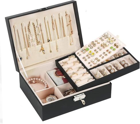 OURVER Travel Jewelry Box, PU Leather Small Jewelry Organizer for Women Girls, Double Layer Portable with Lock Display Storage Holder Boxes for Stud Earrings, Rings, Necklaces, Bracelets, Black in Saudi Arabia