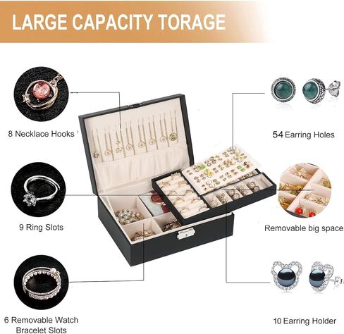 OURVER Travel Jewelry Box, PU Leather Small Jewelry Organizer for Women Girls, Double Layer Portable with Lock Display Storage Holder Boxes for Stud Earrings, Rings, Necklaces, Bracelets, Black in Saudi Arabia