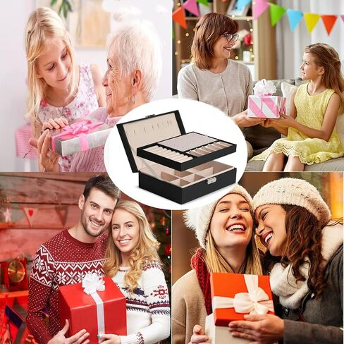 OURVER Travel Jewelry Box, PU Leather Small Jewelry Organizer for Women Girls, Double Layer Portable with Lock Display Storage Holder Boxes for Stud Earrings, Rings, Necklaces, Bracelets, Black in Saudi Arabia