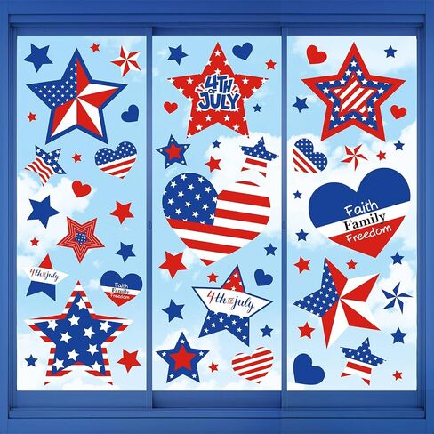 Whaline 9 Sheets Patriotic Window Clings Stickers Veterans Day Window Clings Stickers USA Stars Shape Window Decals Blue Red White Double-Sided for 4th of July Independence Day School Party Supplies in Saudi Arabia