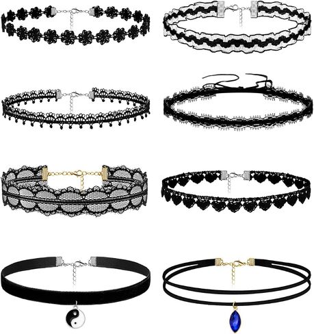yfstyle 8Pcs Lace Choker Necklaces Set Black/Green Choker Necklace for Women Girls Gothic Velvet Chokers Daisy Choker Necklace Fairy Flower Choker Collars Mother’s day Valentine’s day Gifts in Saudi Arabia