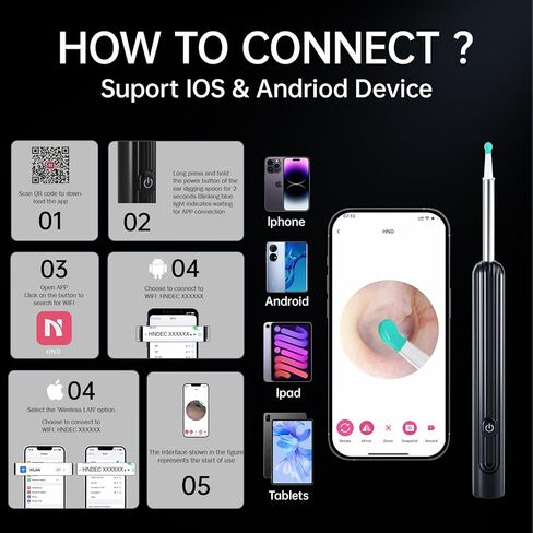 مجموعة إزالة شمع الأذن مع كاميرا 1296 بكسل، أداة إزالة شمع الأذن، مجموعة تنظيف الأذن، منظف الأذن مع كاميرا، منظار الأذن مع ضوء لهواتف iPhone وiPad وهواتف Android (أبيض) in Kuwait