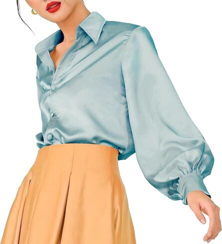 بلوزة رسمية فضفاضة للسيدات من wearVAST بأكمام طويلة وأكمام طويلة من الحرير والساتان وأزرار سفلية in Kuwait