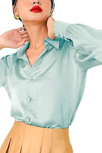 بلوزة رسمية فضفاضة للسيدات من wearVAST بأكمام طويلة وأكمام طويلة من الحرير والساتان وأزرار سفلية in Kuwait