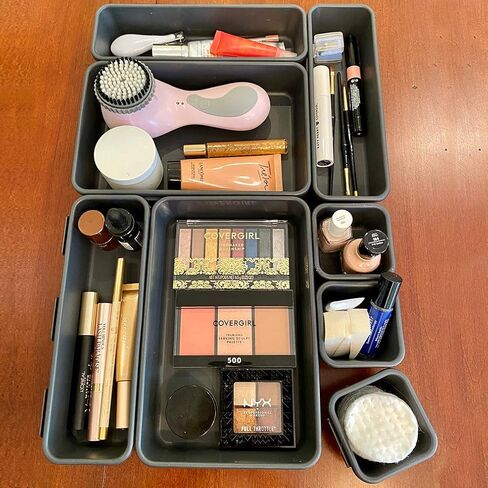 مجموعة من 24 صينية تنظيم أدراج مكتب متشابكة، أدراج بلاستيكية، فواصل، صناديق تخزين للحمام، المكتب، المطبخ، غرفة النوم، المكياج (رمادي) in Kuwait