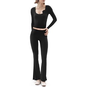 Women Skinny Lounge Set Long Sleeve Basic Crop Top Fold Over Flare Pants Leggings Fall 2 Piece Yoga Tracksuit Sweatsuit