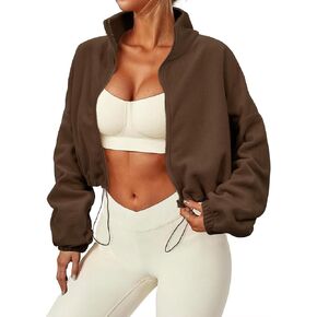 Zando Women's Fleece Jacket Full Zip Cropped Jackets Oversize Long Sleeve Workout Fuzzy Sherpa Jacket Athletic Crop Coat