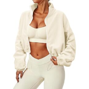 جاكيت صوف نسائي من Zando بسحاب كامل سترات مقصوصة كبيرة الحجم وأكمام طويلة وسترة شيربا غامضة معطف رياضي قصير in Kuwait