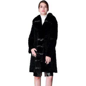 Fur Story Women's Long Real Rabbit Fur Coat with Fox Fur Placket Coat