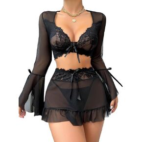 OYOANGLE Women's 3 Piece Lace Trim Sheer Mesh Flare Sleeve V Neck Babydoll Teddy Lingerie Set