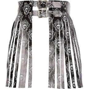 Women's Plus Size Black & White Skull Faux Leather Fringe Skirt