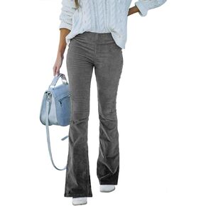 IBAKOM Women Elastic Waist Flare Corduroy Pant Fall Winter Bootcut Casual Bell Bottom Stretchy Slim Office Lady Trouser