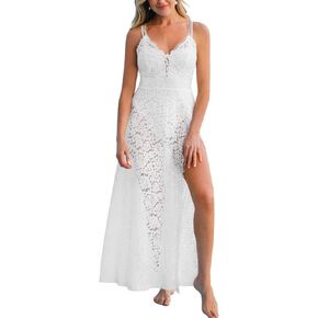 CUPSHE Women Beach Wedding Romance Lace Maxi Cover-Up Dress Crisscoss Back Semi-Sheer Cami Dresses