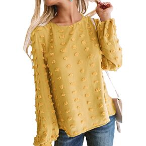 Womens Chiffon Blouse Swiss Dot Casual Round Neck Long Sleeve Pom Pom Shirts Back Keyhole Tops in Kuwait