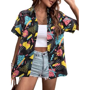 80s 90s الزي للنساء العودة إلى قمصان 80s ريترو حفلة ديسكو قميص زر أسفل قصيرة الأكمام بلوزة بلايز in Kuwait