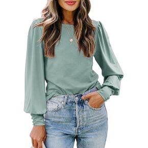 SimpleFun Women's Fall Puff Sleeve Tops Crewneck Casual Loose Blouse Shirts