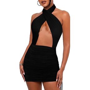 Women's Sexy Halter Criss Cross Backless Bodycon Mini Club Dress