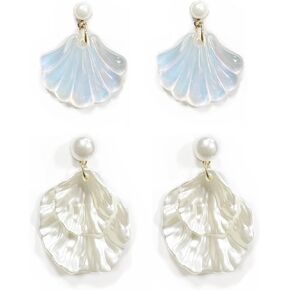 2 Pairs Pearls Sea Shell Stud Earrings Beach Jewelry Gifts for Women for Halloween Party Summer Beach Jewelry