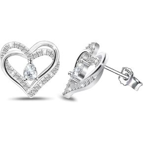 Silver Heart Earrings for Women - Sterling Silver Double Heart Stud Earrings Hypoallergenic Cubic Zirconia Heart Shaped Earrings for Sensitive Ears Fashion Love Earrings Gifts for Valentine's Day