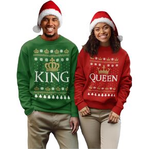 Tstars King & Queen Matching His & Hers Crown Ugly Christmas Couples Set Sweatshirt