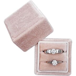 Velvet Ring Box - Premium Square Handmade Small Ring Holder 2 Slots Vintage Wedding Double Rings Bearer Storage Case for Engagement, Ceremony, Proposal, Photography （Beige）
