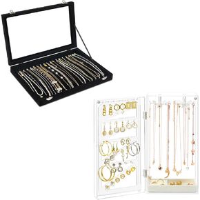 Jenseits Necklace Organizer Box, Tray with Clear Lid, Dustproof Velvet Necklaces Holder Storage Display Case Acrylic Jewelry Holder Organizer Box, Necklace Organizer Earring Holder Stand