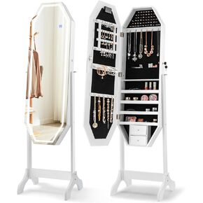 CHARMAID Jewelry Armoire with Full Length LED Mirror, Lockable Touch Screen Lighted Mirror with Jewelry Storage, Velvet Lining, Standing Jewelry Cabinet Organizer Box with 2 Drawers (White)